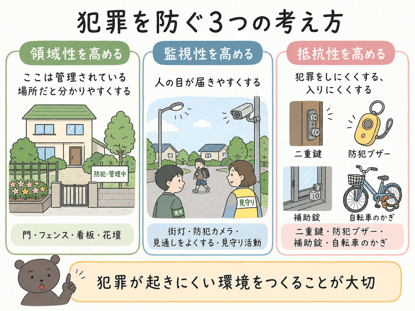 犯罪を防ぐための領域性、監視性、抵抗性の意味と具体例をまとめた図解