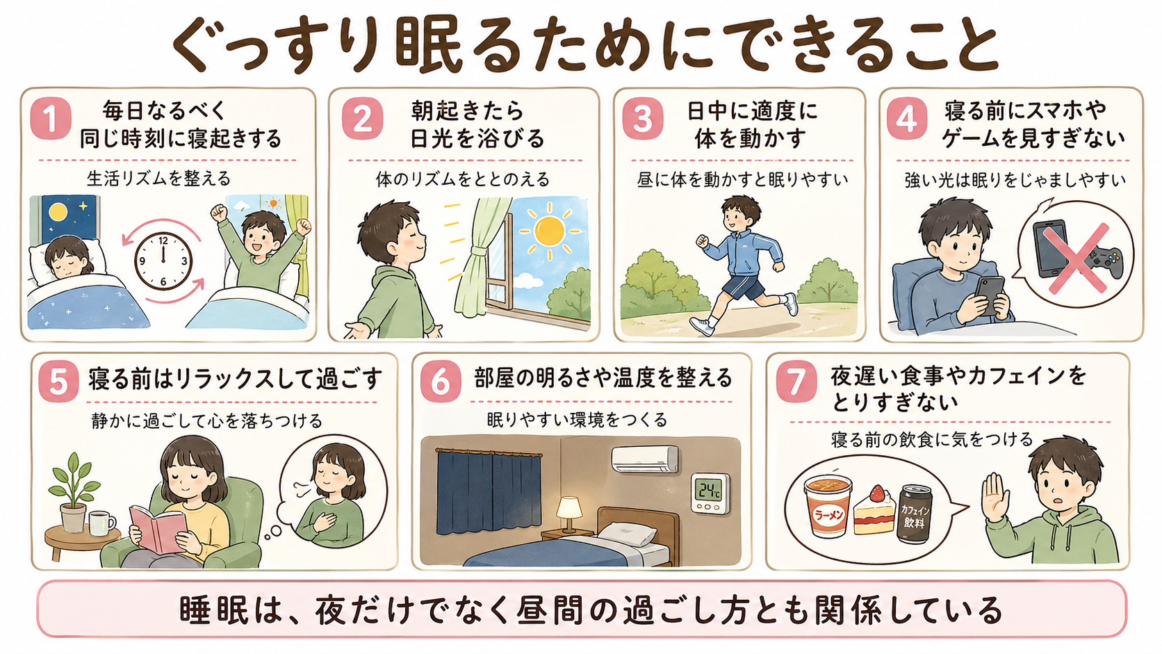 よい睡眠をとるための工夫を7つ並べる教材用図解イラスト