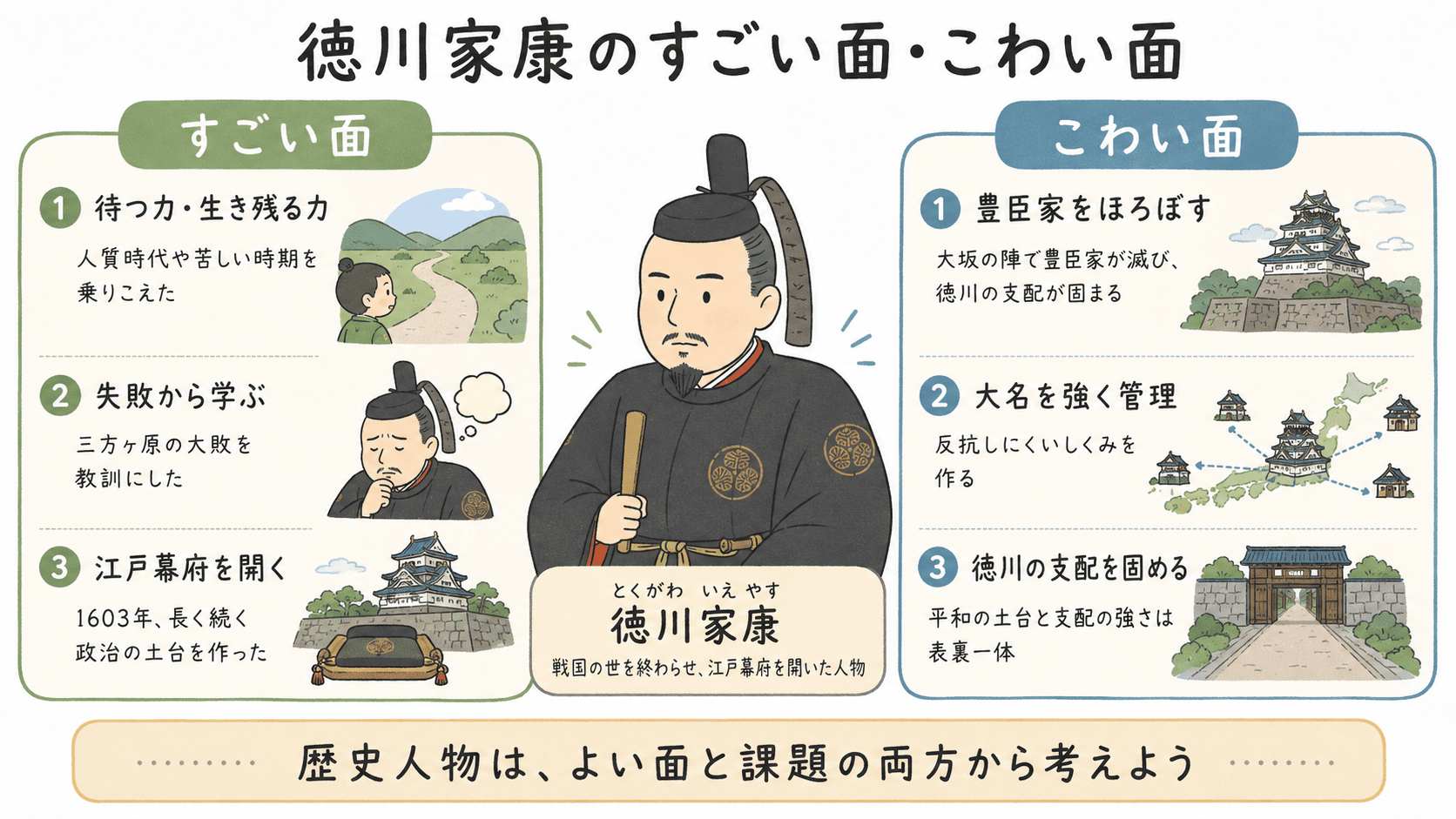 徳川家康のすごい面とこわい面について、待つ力や江戸幕府を開いたこと、長く続く政治の土台を作ったこと、大坂の陣で豊臣家を滅ぼし徳川支配を固めたことを比較した図解