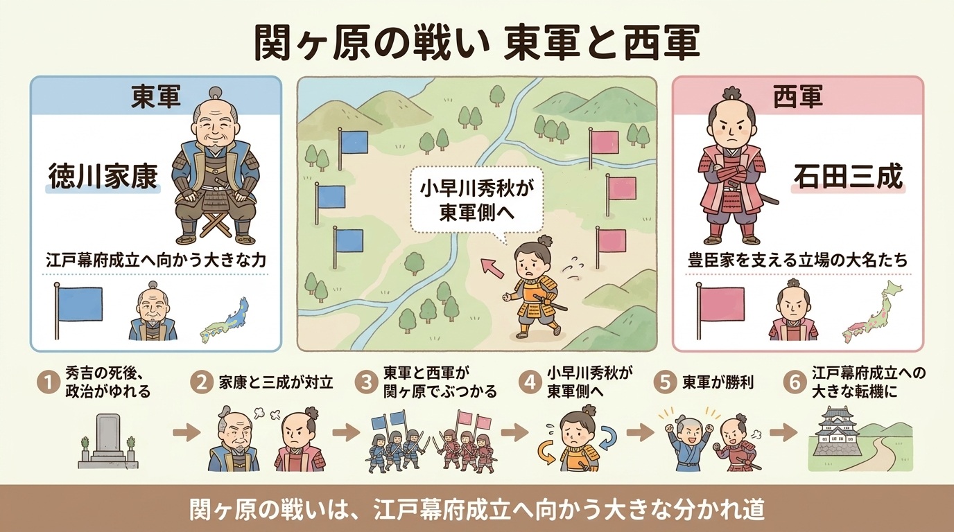 関ヶ原の戦いについて、徳川家康の東軍と石田三成らの西軍が対立し、小早川秀秋の寝返りなどを経て東軍が勝利し、江戸幕府成立への大きな転機となった流れを示した図解