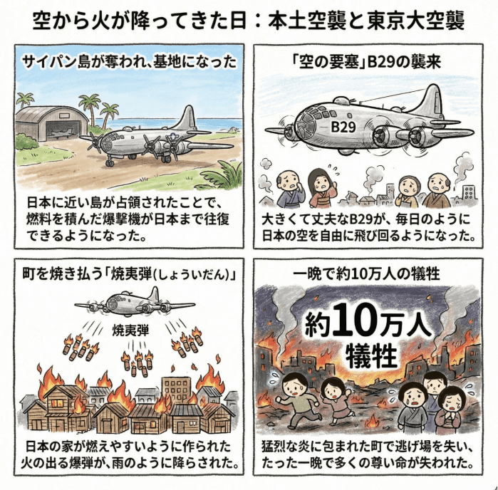 太平洋戦争における本土空襲と東京大空襲を説明する小学生向けの四コマイラスト
