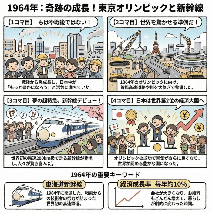東京オリンピックと新幹線開通について説明する小学生向けの四コマ漫画