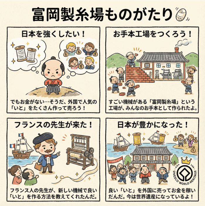 明治時代の富岡製糸場について説明する4コマ漫画