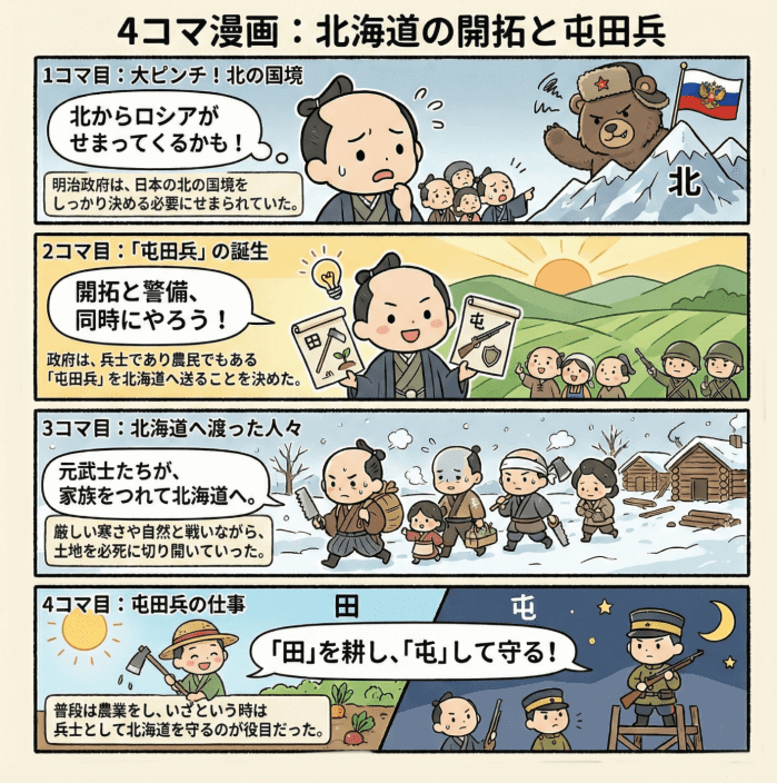 北海道の開拓と屯田兵について説明する4コマ漫画