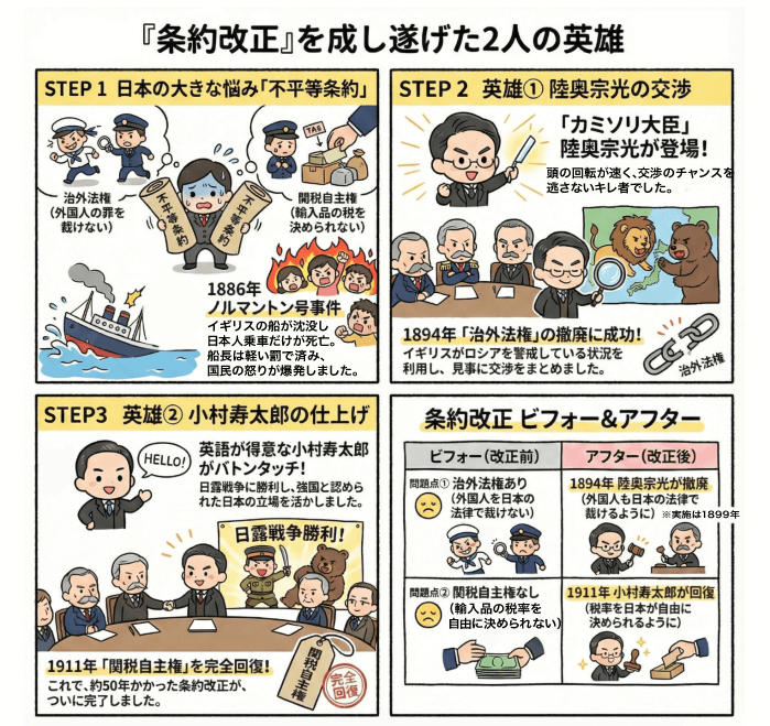 明治時代の条約改正を成し遂げた陸奥宗光と小村寿太郎について説明する4コマ漫画