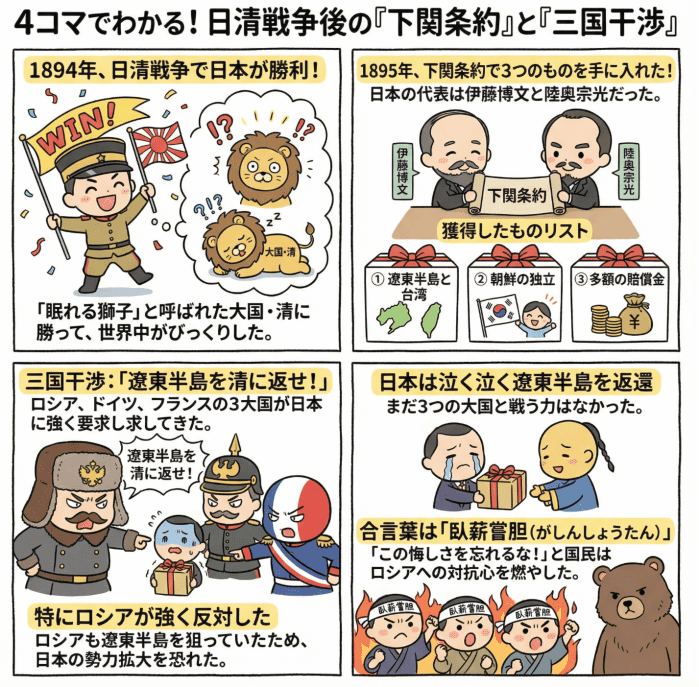 日清戦争後の下関条約と三国干渉について説明する4コマ漫画