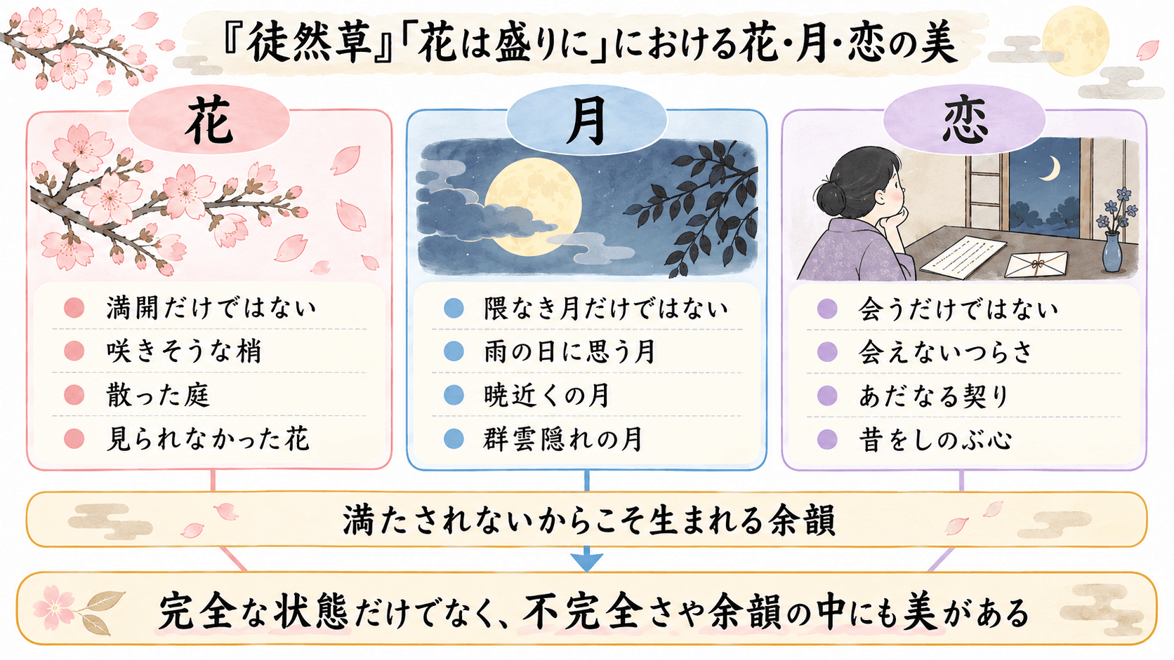 徒然草「花は盛りに」で作者が評価する花・月・恋の美を、完全な状態と余韻のある状態に分けて比較した図解。