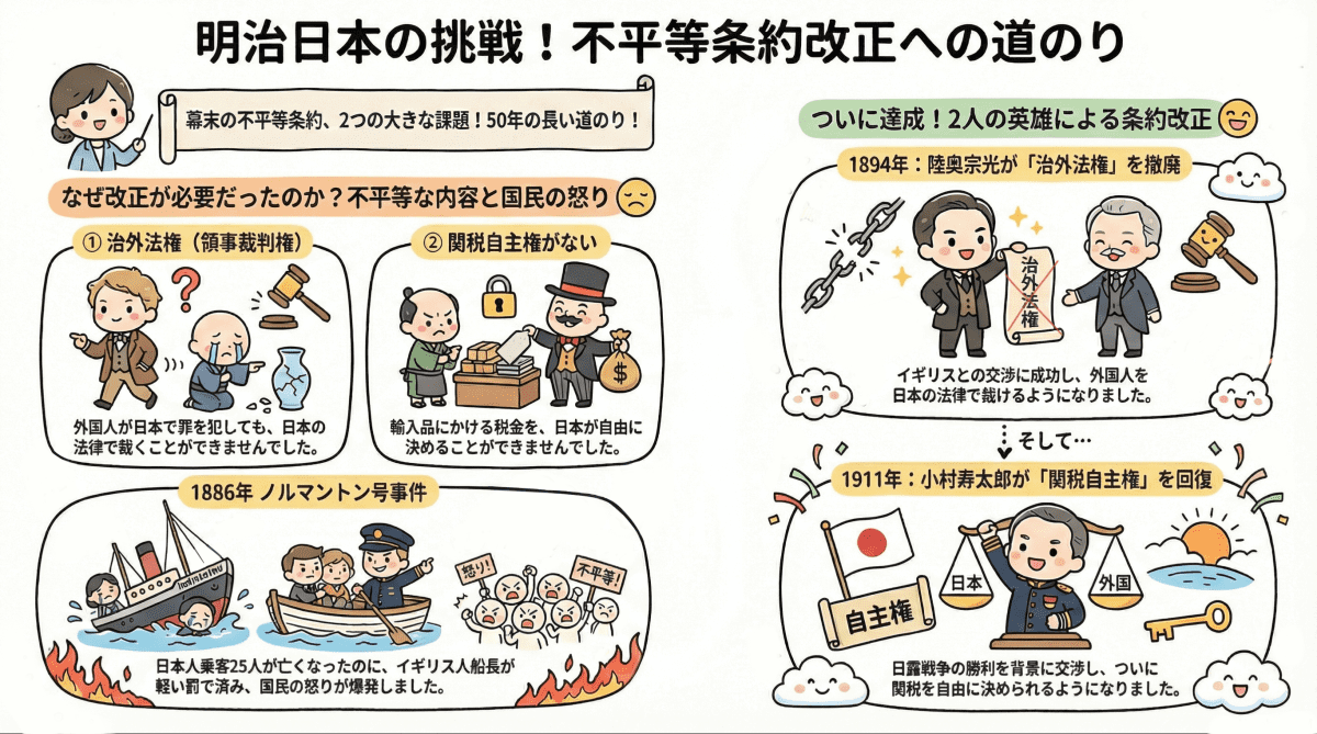 明治時代の不平等条約改正への道のりを説明する図解インフォグラフィック