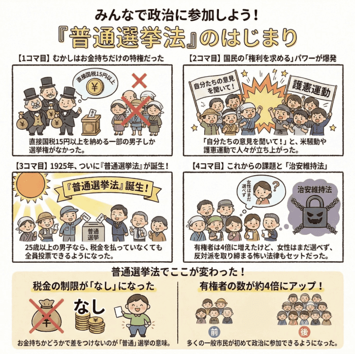 普通選挙法について小学生向けに説明する4コマ漫画