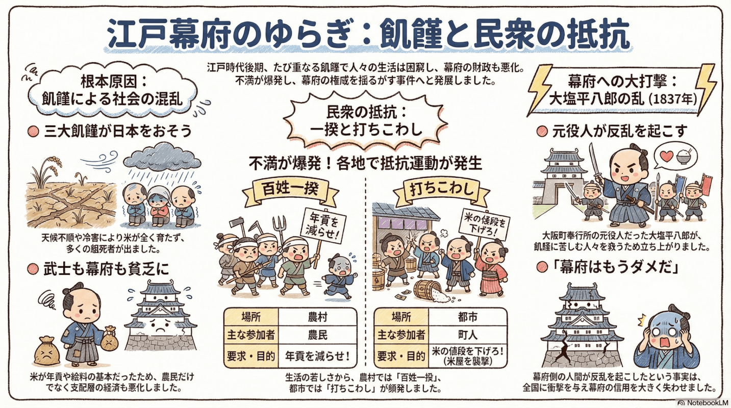 江戸時代の飢饉と民衆の抵抗を説明する図解インフォグラフィック