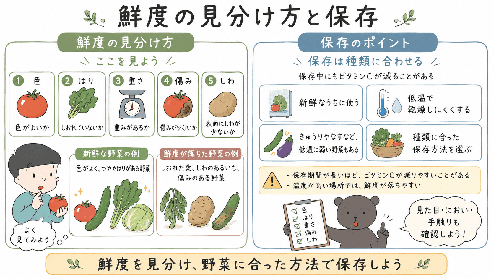 野菜やいもの鮮度を、色・はり・重さ・傷み・しわで見分け、種類に合った方法で保存することを示した図解。