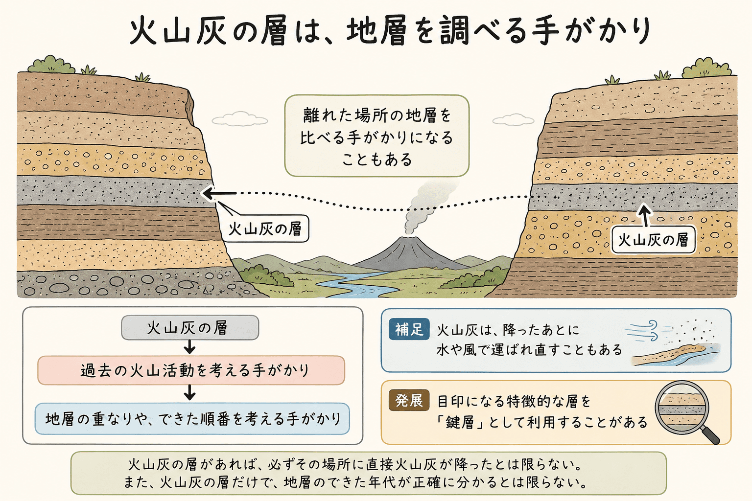 離れた場所の地層にある火山灰の層を目印に、過去の火山活動や地層の重なりを考えるようすを示した図