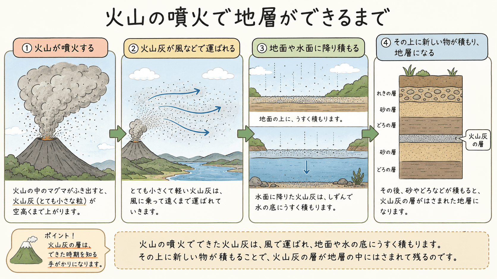 火山の噴火でふき出された火山灰が風で運ばれ、地面や水面に降り積もり、地層の一部になるまでを示した図