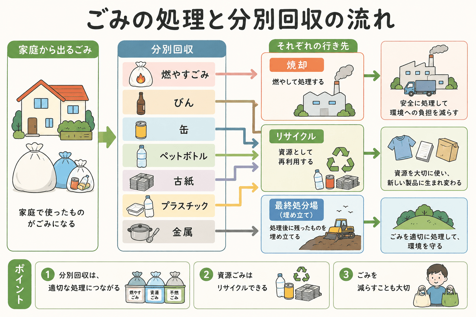 家庭から出たごみが、分別回収され、焼却・リサイクル・埋め立てなどに分かれて処理される流れを示した図解