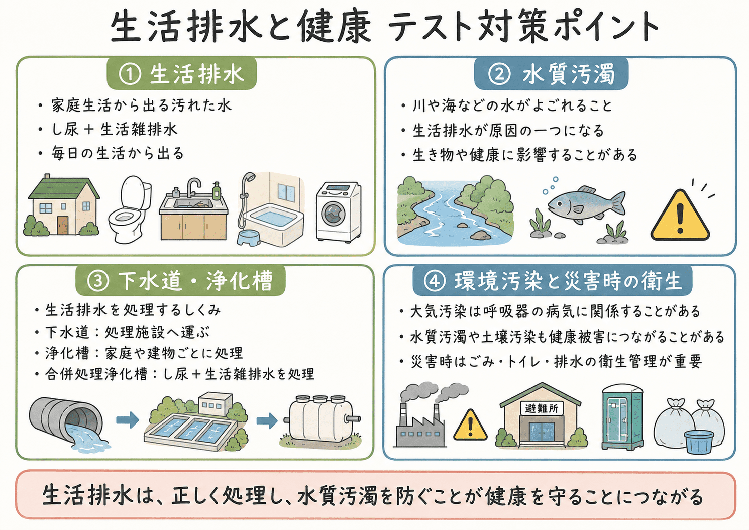 生活排水と健康について、生活排水、し尿、生活雑排水、下水道、下水処理場、浄化槽、水質汚濁、環境汚染のテスト対策ポイントを整理した図解
