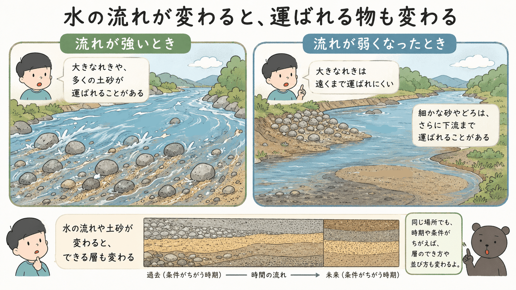 水の流れが強いときと弱いときで、運ばれる土砂や積もる物が変わることを示した図