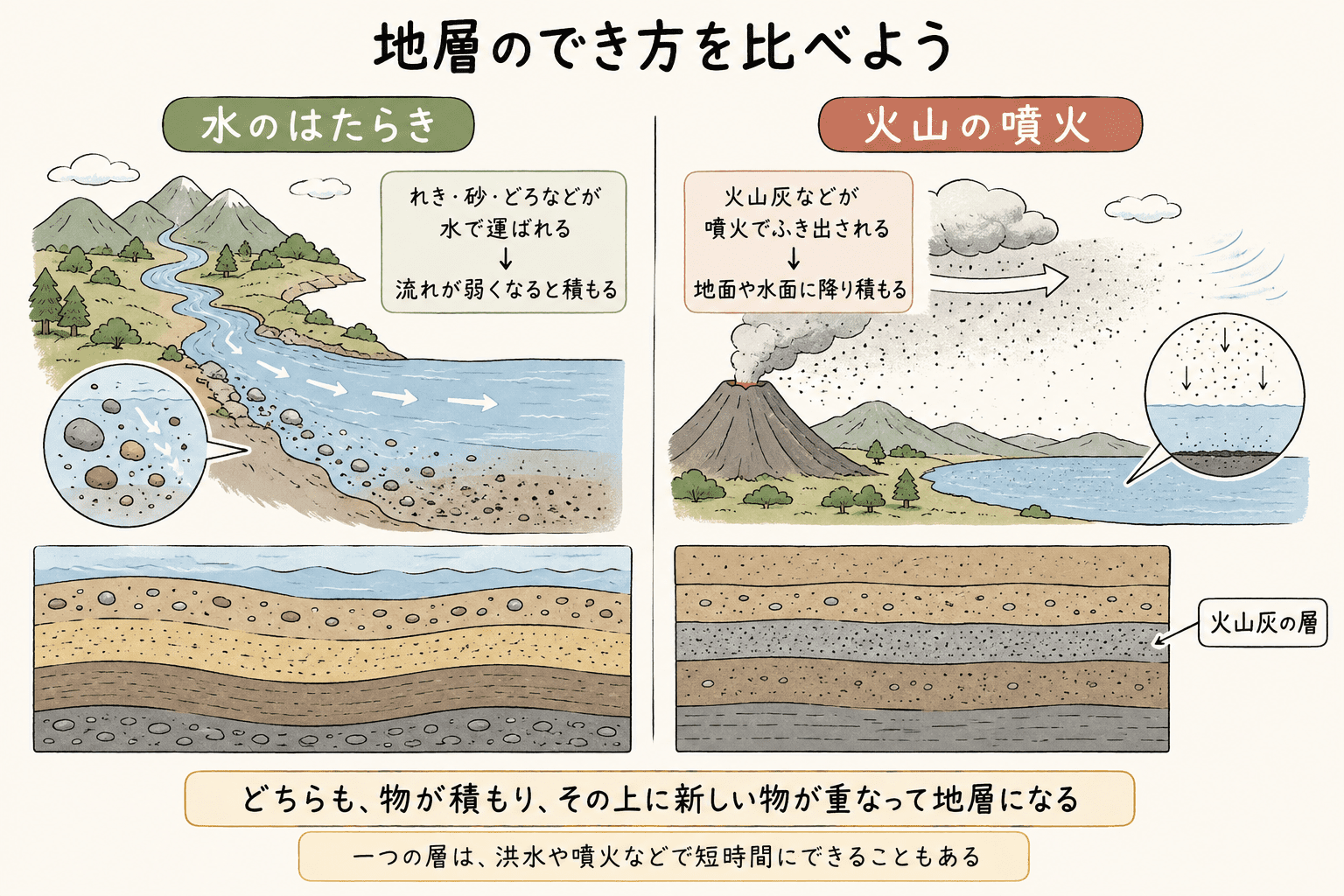 れき・砂・どろが水で運ばれてできる地層と、火山灰が降り積もってできる地層の違いを比較した図