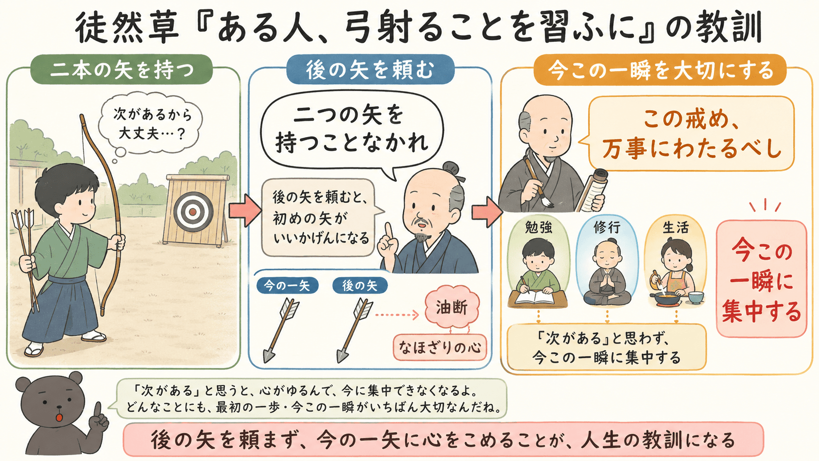 徒然草「ある人、弓射ることを習ふに」の教訓をまとめた図解。二本の矢を持つ若者、戒める師匠、そして「この戒め、万事にわたるべし」という兼好法師の教えを示している。