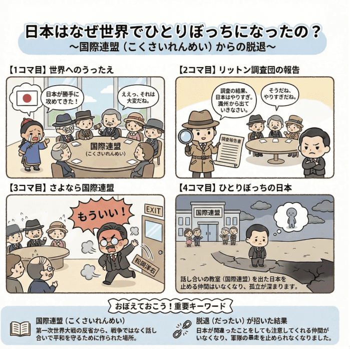 国際連盟からの脱退について説明する小学生向けの四コマ漫画
