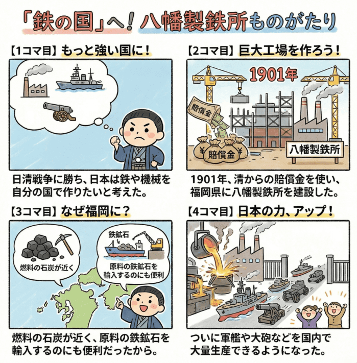 八幡製鉄所について小学生向けに説明する4コマ漫画