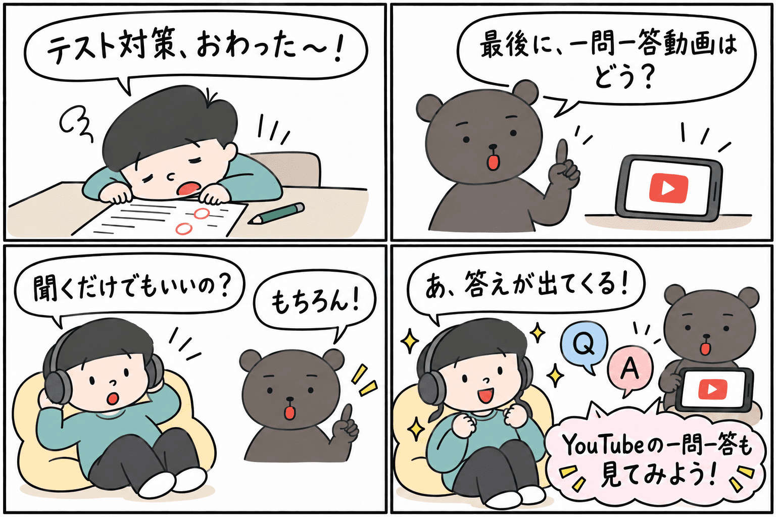 テスト対策を終えたたろうに、くまごろうがYouTubeの一問一答動画をすすめ、聞き流しでも復習できることを紹介する4コマ漫画。