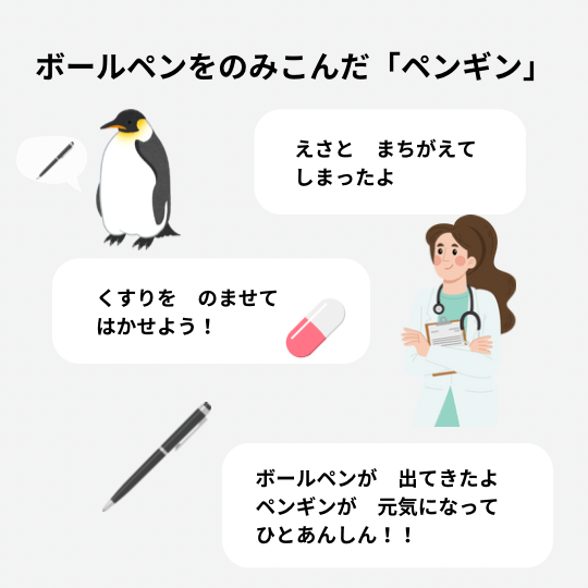 ボールペンを飲み込んだペンギンを治療するエピソードの図解イラスト